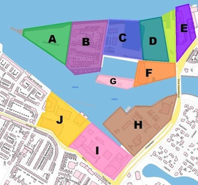 Plattegrond van Stadswerven met de deelgebieden A tot en met J