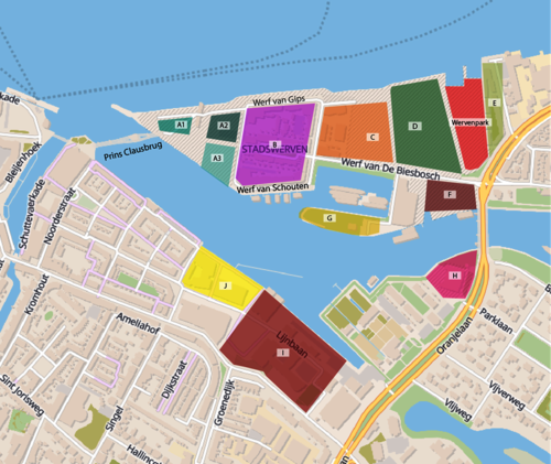 Kaart van Stadswerven met deelgebieden